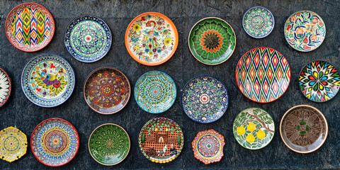 Arabic painted ceramic plates on the wall.