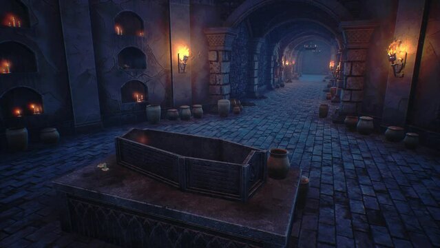 Medieval Dungeon, Coffin, Candles, Skeletons 3D Animations Rendering CGI 4K
