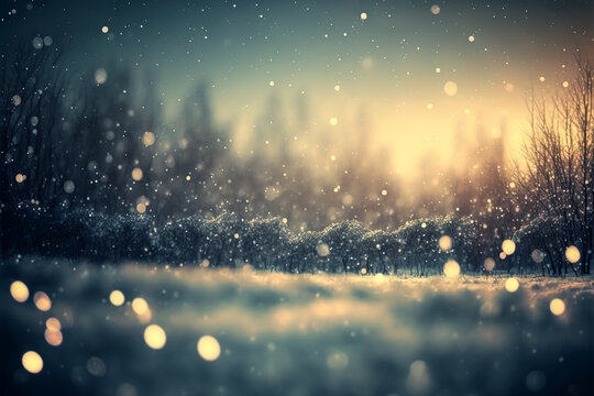 Winter landscape illustration with snow and bokeh background. Generative AI.