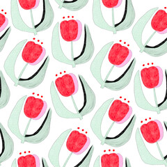 Seamless pattern of red tulips in soft tones drawn with a retro feel. You can easily change the background color
