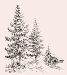 Alpine landscape sketch. Mountain cabin, pine tree forest and mountain ranges
