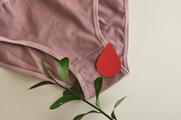menstruation concept, women's health care and contraception, women's panties on a light background - obrazy, fototapety, plakaty