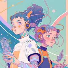 Illustration of girls in futuristic outfits, space, futurism, generative ai