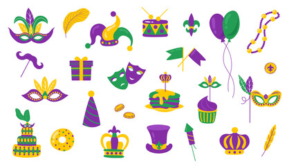 Mardi Gras carnival illustration set. Mardi Gras collection, feather mask, cake, pancakes, beads. White background, isolate. Vector illustration. - obrazy, fototapety, plakaty