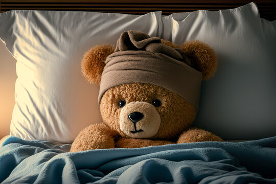 Teddy bear laying in bed and feeling sick. Generative AI.