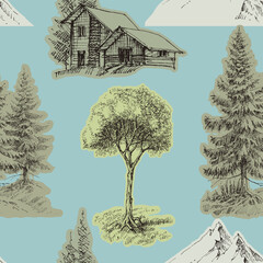 Alpine forest seamless pattern, pine trees, mountains and a holiday cabin design