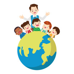Teacher and kids sitting around the world with happy ,Globe education concept