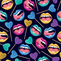 Vector seamless pattern with lips and lollipops