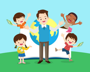 happy teacher with Boy and girls learning or studying.children with Back to School Concept education