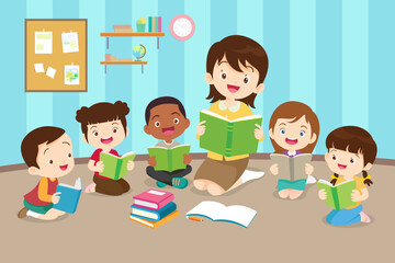 happy teacher with Boy and girls learning or studying.children with Back to School Concept education