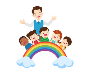 happy teacher with Boy and girls learning or studying.children with Back to School Concept education