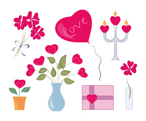 Set with items for valentine's day, drawn in a cartoon style.