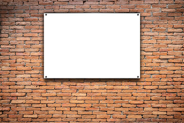 Blank white poster in black frame with copyspace for your text on brick wall outdoor. 3D rendering, mockup. Distressed red brick wall