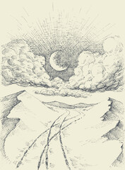 Clouds and moon over desert sand dunes. Desert at night landscape drawing in vintage style - 558414038