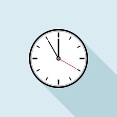 Clock icon design. Vector office clock icon with shadow. Five minutes to Twelve o'clock.