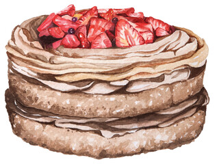 Strawberry chocolate cake and whipped cream painted with watercolor isolated on white background.Illustration of dessert for  bakery.Elements for celebrating weddings and birthdays.
