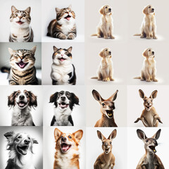 Collection of smiling and happy animals on white background. AI generative