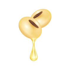 Soybean oil dripping from beans seed close up realistic. Vegetarian organic ingredient for cooking. Oil drop shiny golden yellow 3D isolated on white background. Vector EPS10 illustration.