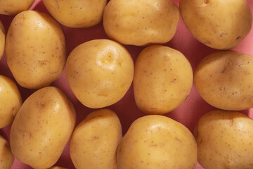 Raw potatoes on a wooden board. Bright pink background
