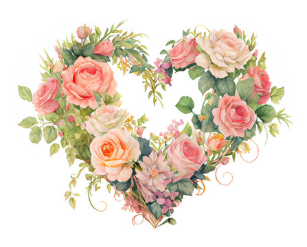 Romantic heart vignette made of vintage flowers and leaves of roses in gentle retro style watercolor painting generative AI art