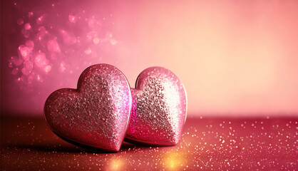 Obraz premium Two 3D pink glittery and shiny hearts, closeup shot, bokeh blurry background. For Valentine's day or wedding cards.