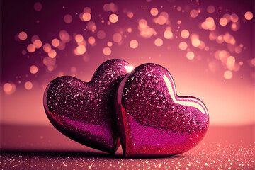 Fototapeta premium Two 3D pink glittery and shiny hearts, closeup shot, bokeh blurry background. For Valentine's day or wedding cards.