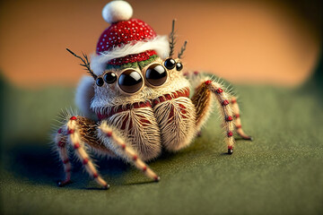 Cute jumping spider wearing Santa Claus costume