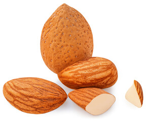 Almonds isolated on white background. Almond nut collection .