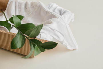 Comfortable and healthy clothes, white woman panties and plant, natural alternative materials for sewing clothes,