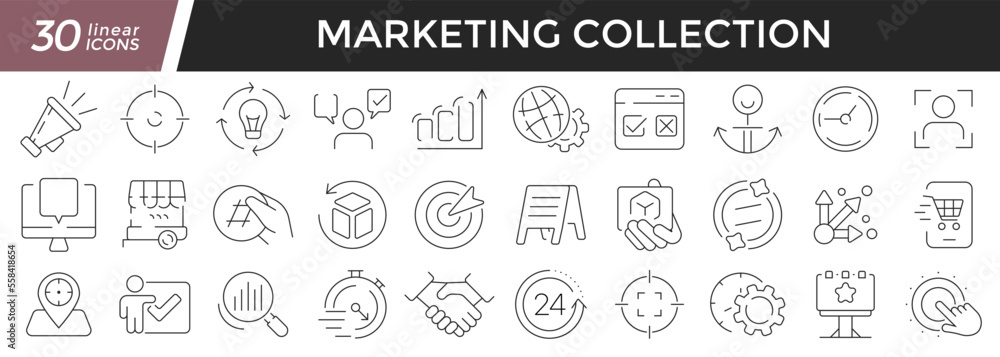 Poster marketing linear icons set. collection of 30 icons in black