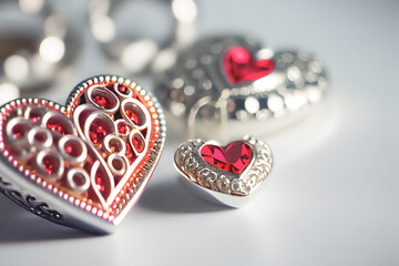 Close up shot of heart jewelry for Valentine's Day background with copy space. Gift ideas for Valentine.