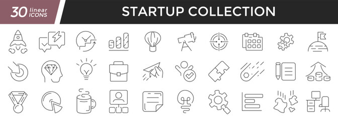 Fototapeta na wymiar Startup linear icons set. Collection of 30 icons in black