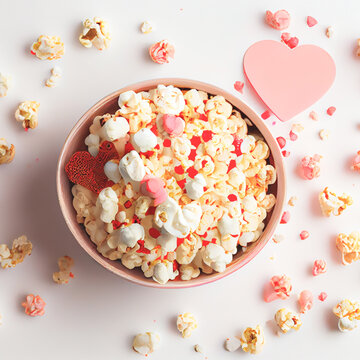 Close up shot of heart popcorn for Valentine's Day background with copy space. Gift ideas for Valentine.