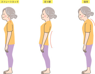 シニア女性の良い姿勢と悪い姿勢の見本