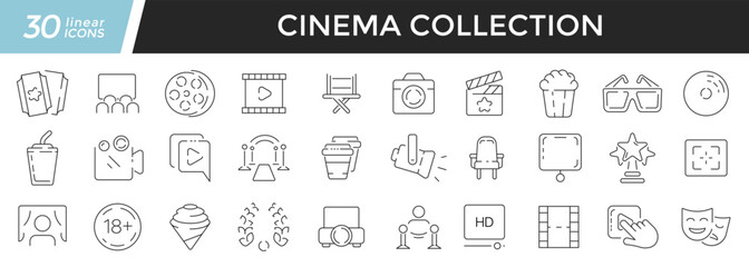 Fototapeta na wymiar Cinema linear icons set. Collection of 30 icons in black
