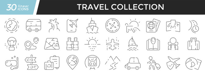Fototapeta na wymiar Travel linear icons set. Collection of 30 icons in black