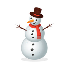 Merry Christmas greeting card with a cute snowman and falling snowflakes. Vector illustration.