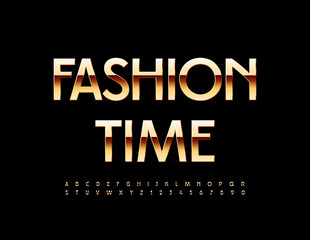 Vector stylish Emblem Fashion Time. Glossy chic Font. Golden Alphabet Letters and Numbers.