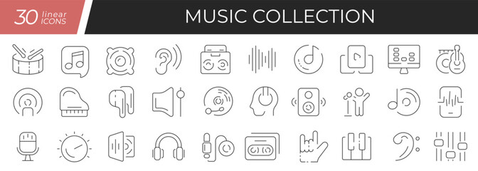 Fototapeta na wymiar Music linear icons set. Collection of 30 icons in black