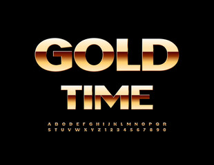 Vector premium Sign Gold Time. Elegant Golden Alphabet Letters and Numbers. Glossy luxury Font