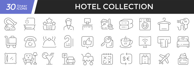 Hotel linear icons set. Collection of 30 icons in black