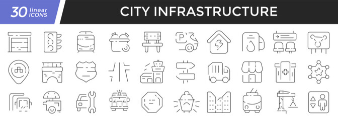 City infrastructure linear icons set. Collection of 30 icons in black