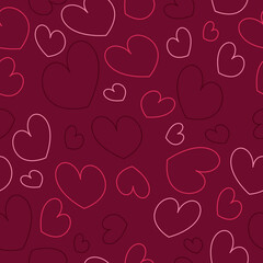 Seamless pattern with hearts. Design for Valentine's Day. For cards, textile printing, wrapping paper. Burgundy background, red, pink hearts.