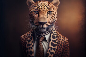 Fototapeta na wymiar Portrait of leopard in a business suit. Generative AI