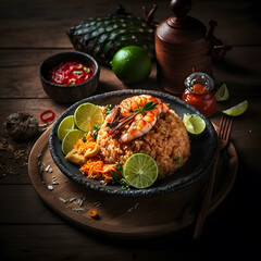 Fototapeta na wymiar photo american shrimp fried rice served with chili fish sauce thai food photography