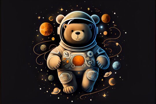 A Cute Bear Astronaut In Outer Space Surrounded By Planets