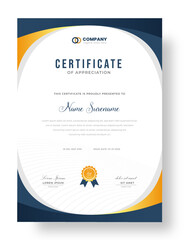 Abstract Clean professional certificate of appreciation template. diploma modern certificate with badge. Elegant business diploma layout for training graduation or course completion.