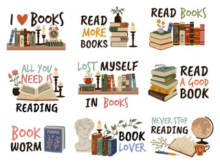 Reading emblems. Books with cute phrases, library labels, cozy quotes, hand drawn retro shelves literature, poems and short stories, poetry and textbook, tidy vector cartoon flat style set