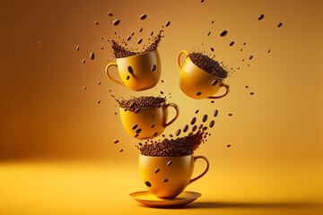 Yellow coffee cups and roasted coffee beans flying on a yellow background. Generative ai