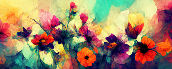 Colorful flower panorama as background. Generative AI.